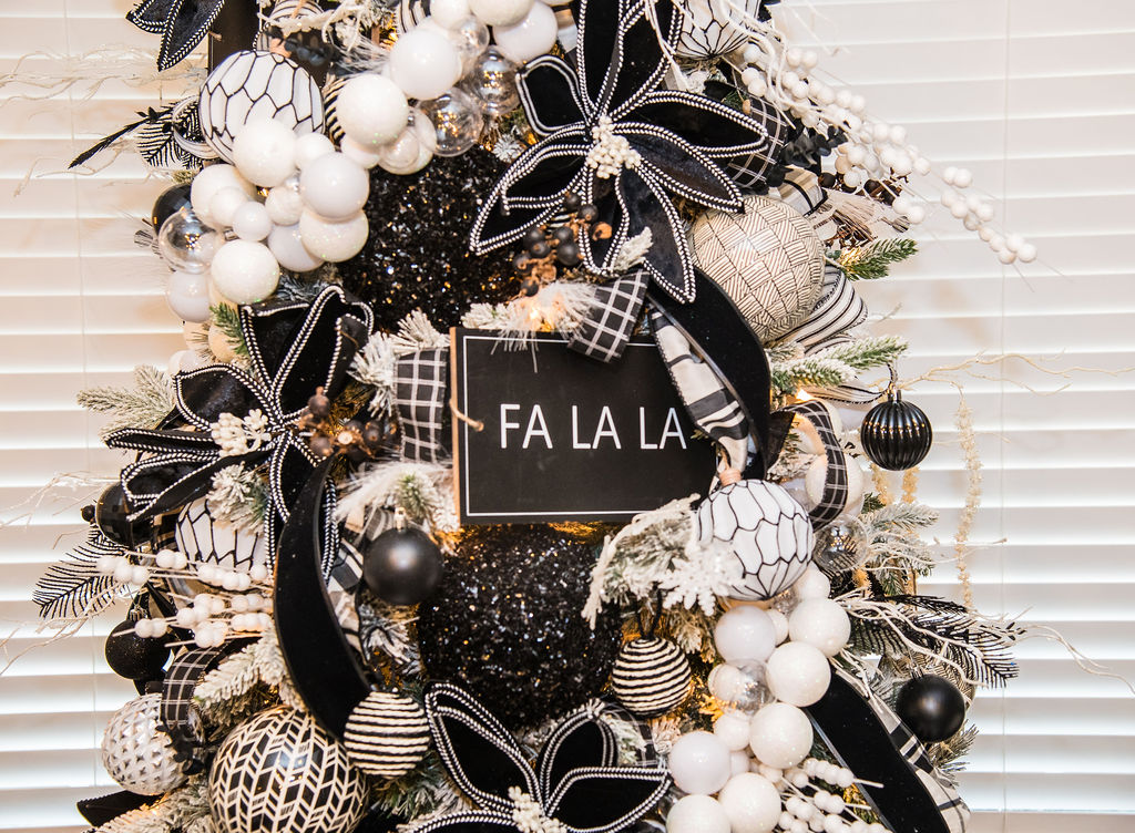 Elegant Christmas holiday vignette with ornaments and miniature trees by CB Designs